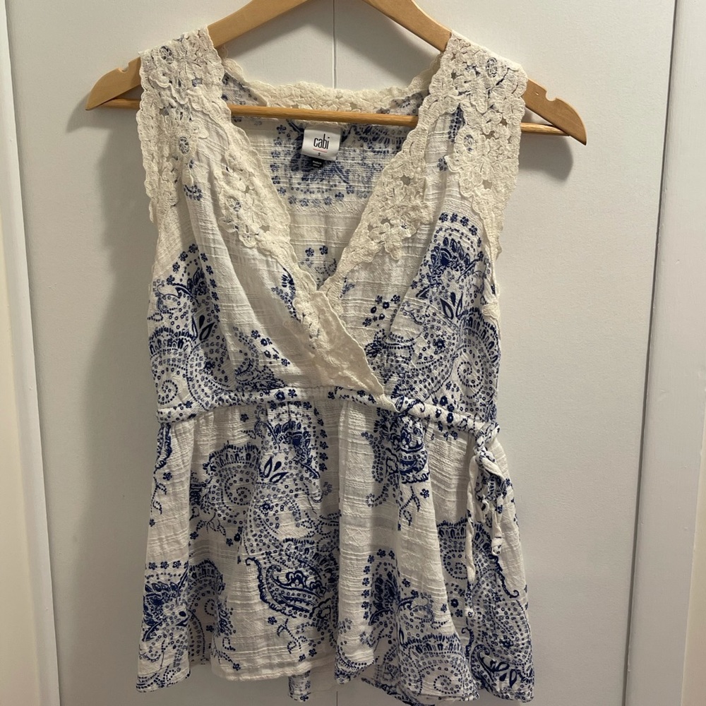 Small Cabi brand Veranda Tank Top. Blue Paisley pattern.